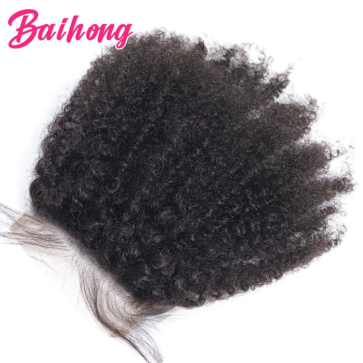 4x4 Closure Afro Kinky Curly Human Hair Top Brazilian Natural 16 Inch Curly Hair Swiss Lace Closure Woman Pre Plucked BAIHONG