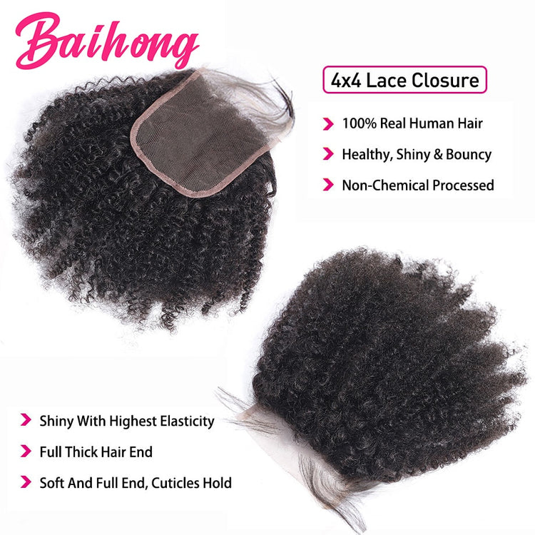 4x4 Closure Afro Kinky Curly Human Hair Top Brazilian Natural 16 Inch Curly Hair Swiss Lace Closure Woman Pre Plucked BAIHONG