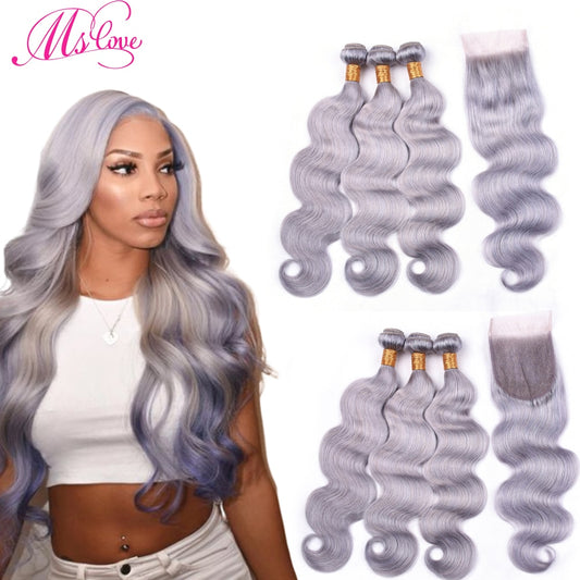 Grey Brazilian Body Wave Remy Human Hair With Lace Closure 26-30 Inch