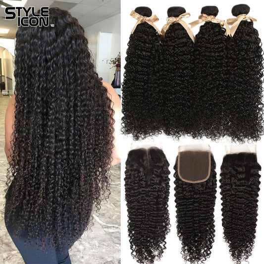 Malaysian Kinky Curly Non-Remy Human Hair Bundles With Lace Closure