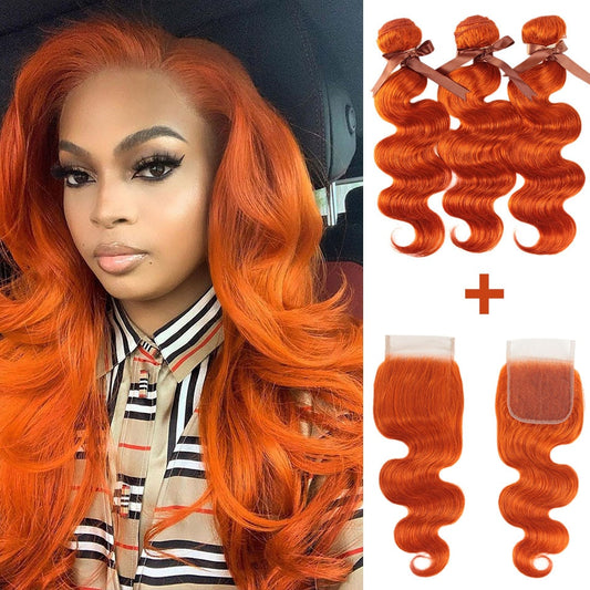 Orange Brazilian Body Wave Remy Human Hair Bundles With Lace Closure