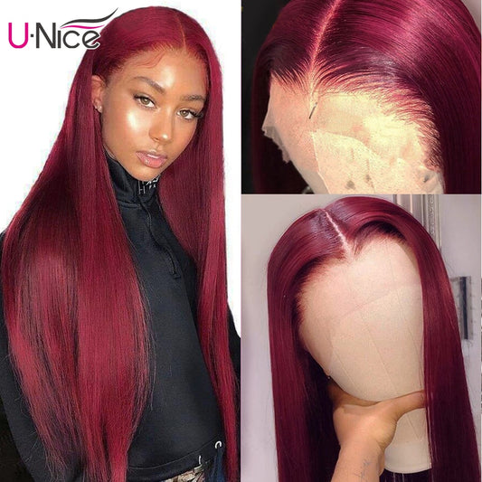 Burgundy Brazilian Straight Remy Human Hair 13x4 Pre Plucked Lace Front Wig 150% Density