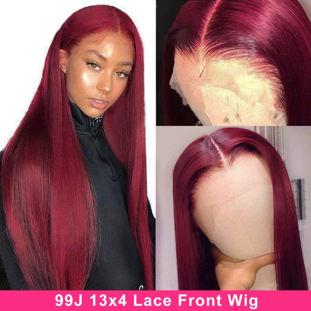 Burgundy Brazilian Straight Remy Human Hair 13x4 Pre Plucked Lace Front Wig 150% Density