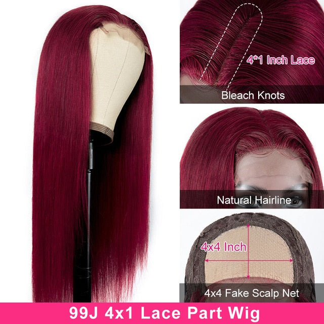 Burgundy Brazilian Straight Remy Human Hair 13x4 Pre Plucked Lace Front Wig 150% Density