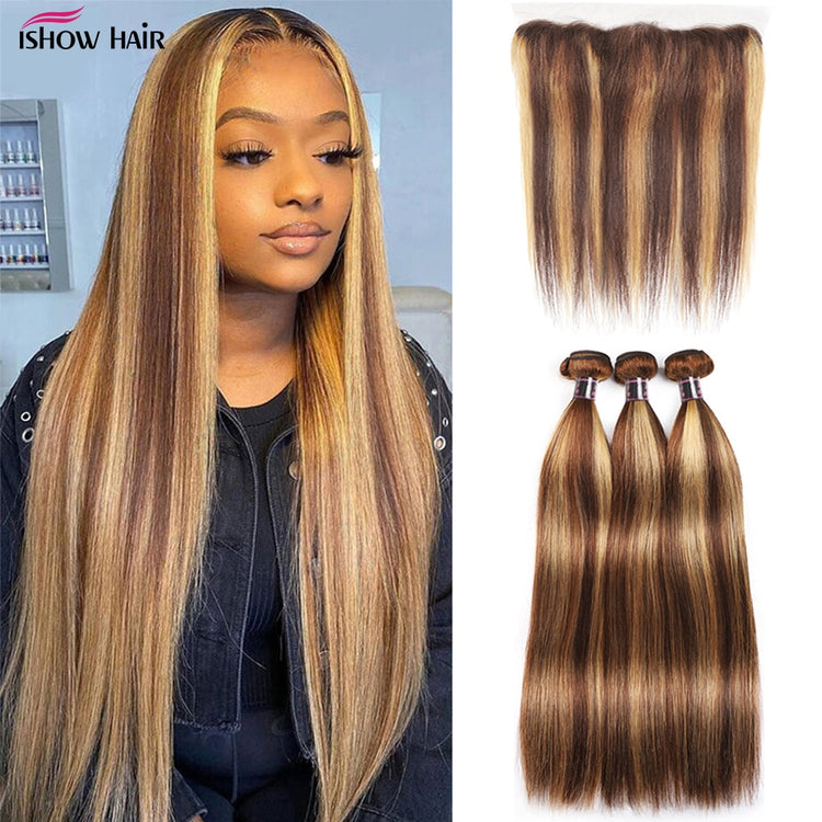 Highlight Brazilian Straight Human Hair Bundles With HD Lace Closure