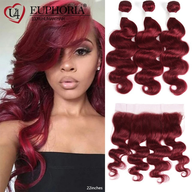 Burgundy Brazilian Body Wave Remy Human Hair Bundles With 13x4 Lace Closure