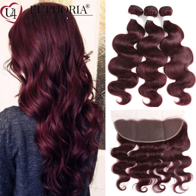 Burgundy Brazilian Body Wave Remy Human Hair Bundles With 13x4 Lace Closure